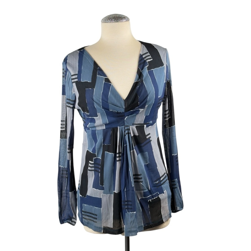 New York & Company Blue Wrap Fitted Blouse